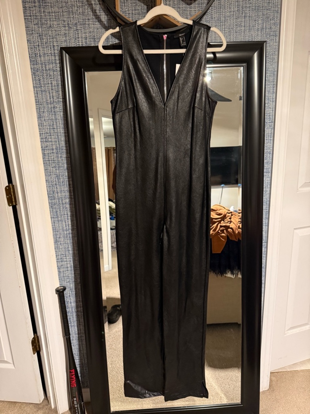 Forever 21 Black Faux Leather V-Neck Wide-Leg Jumpsuit
